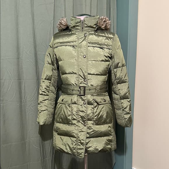 Green Puffer Coat with Fur Hood - Thumbnail 6