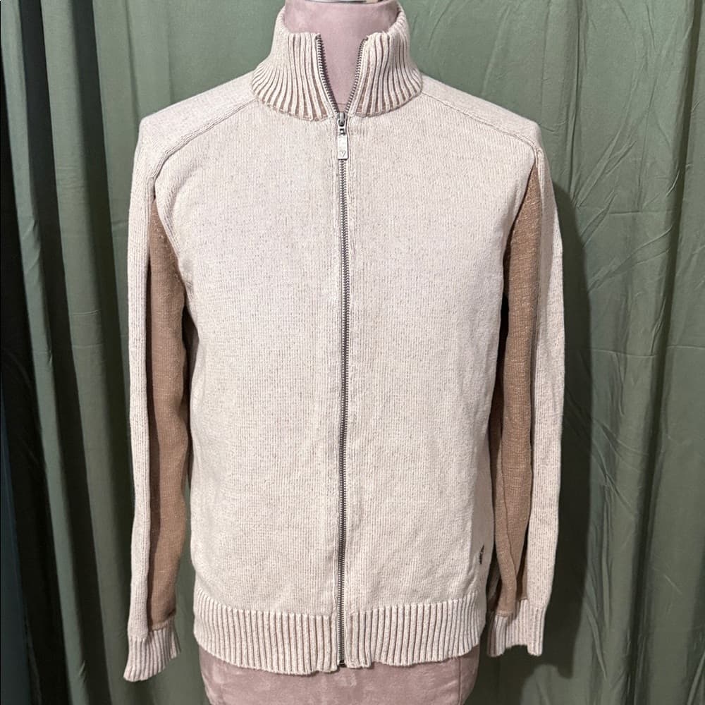 Men's Tan and Brown Full-Zip Sweater - Thumbnail 3