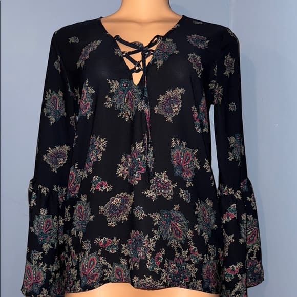 Abercrombie & Fitch Black Floral Lace-Up Blouse - Thumbnail 7