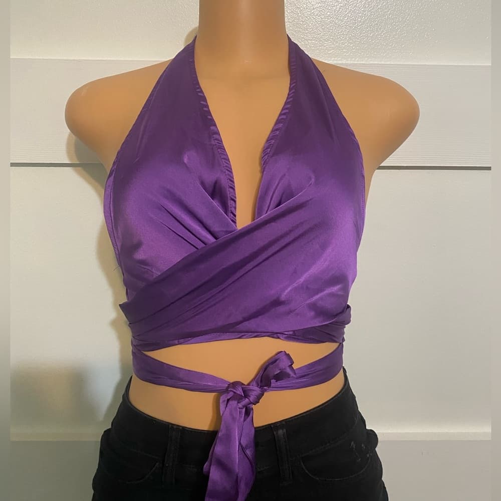 Shein Silk Purple Wrap Crop - Thumbnail 3