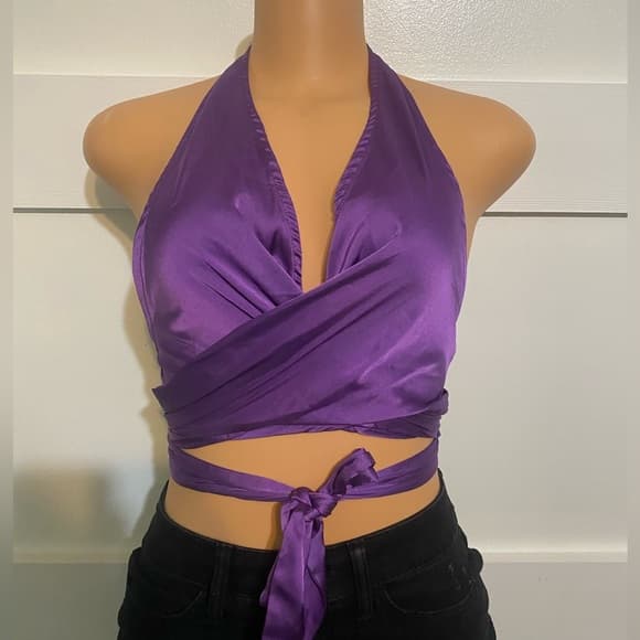 Shein Silk Purple Wrap Crop - Thumbnail 4