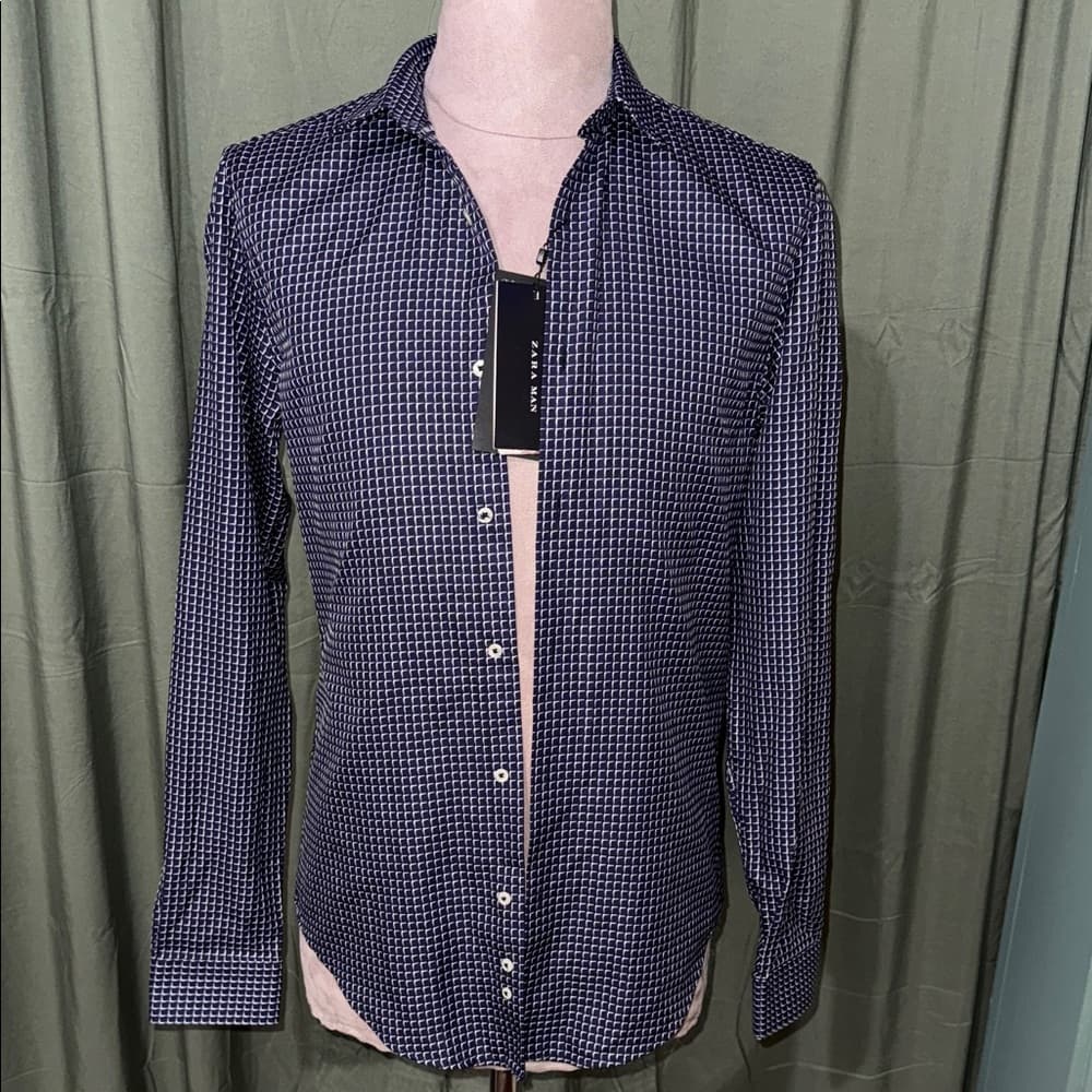 Zara Men's Dark Blue Patterned Button Down Shirt - Thumbnail 6