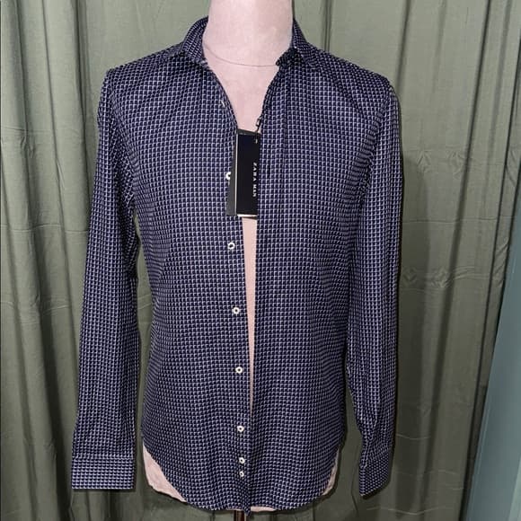 Zara Men's Dark Blue Patterned Button Down Shirt - Thumbnail 7