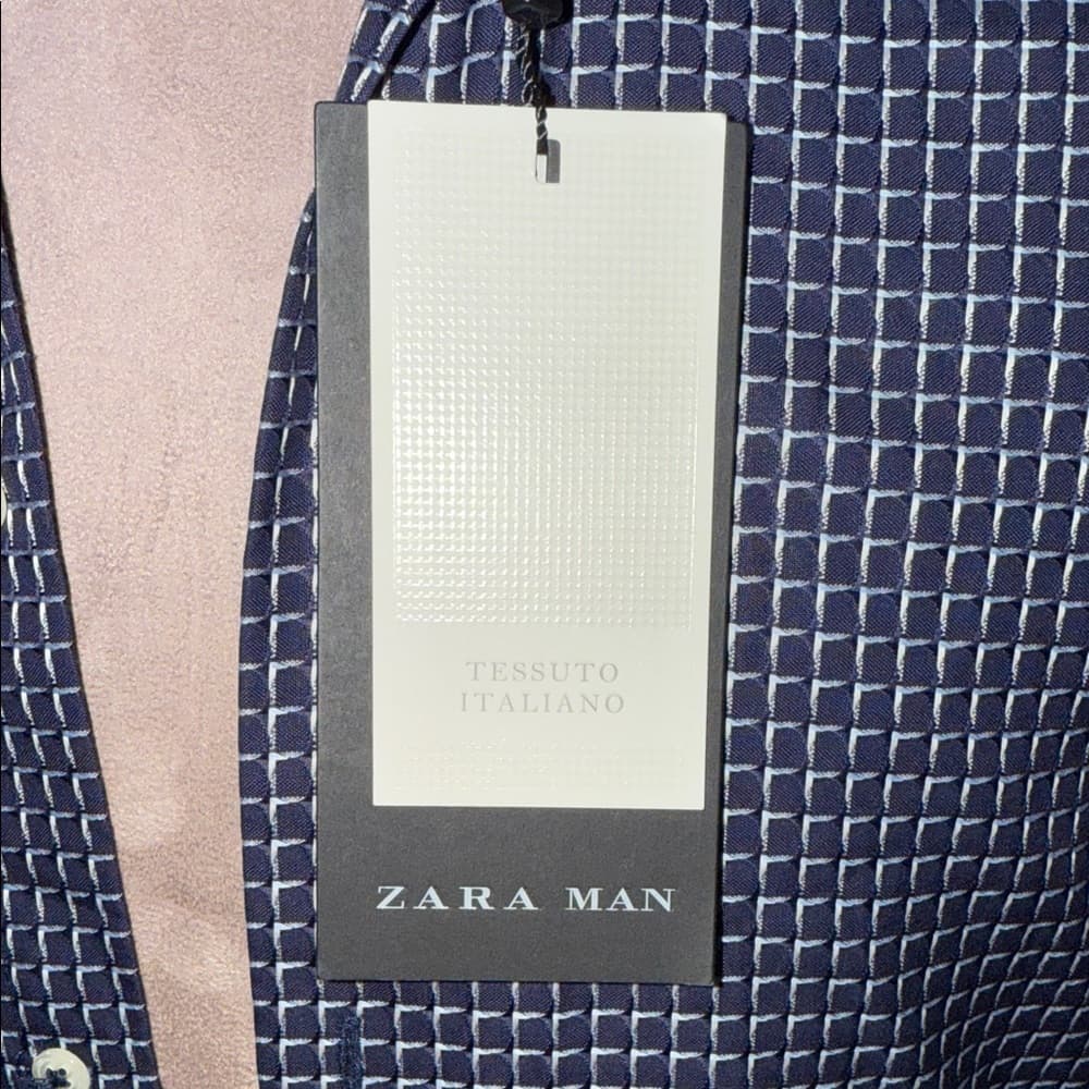Zara Men's Dark Blue Patterned Button Down Shirt - Thumbnail 2