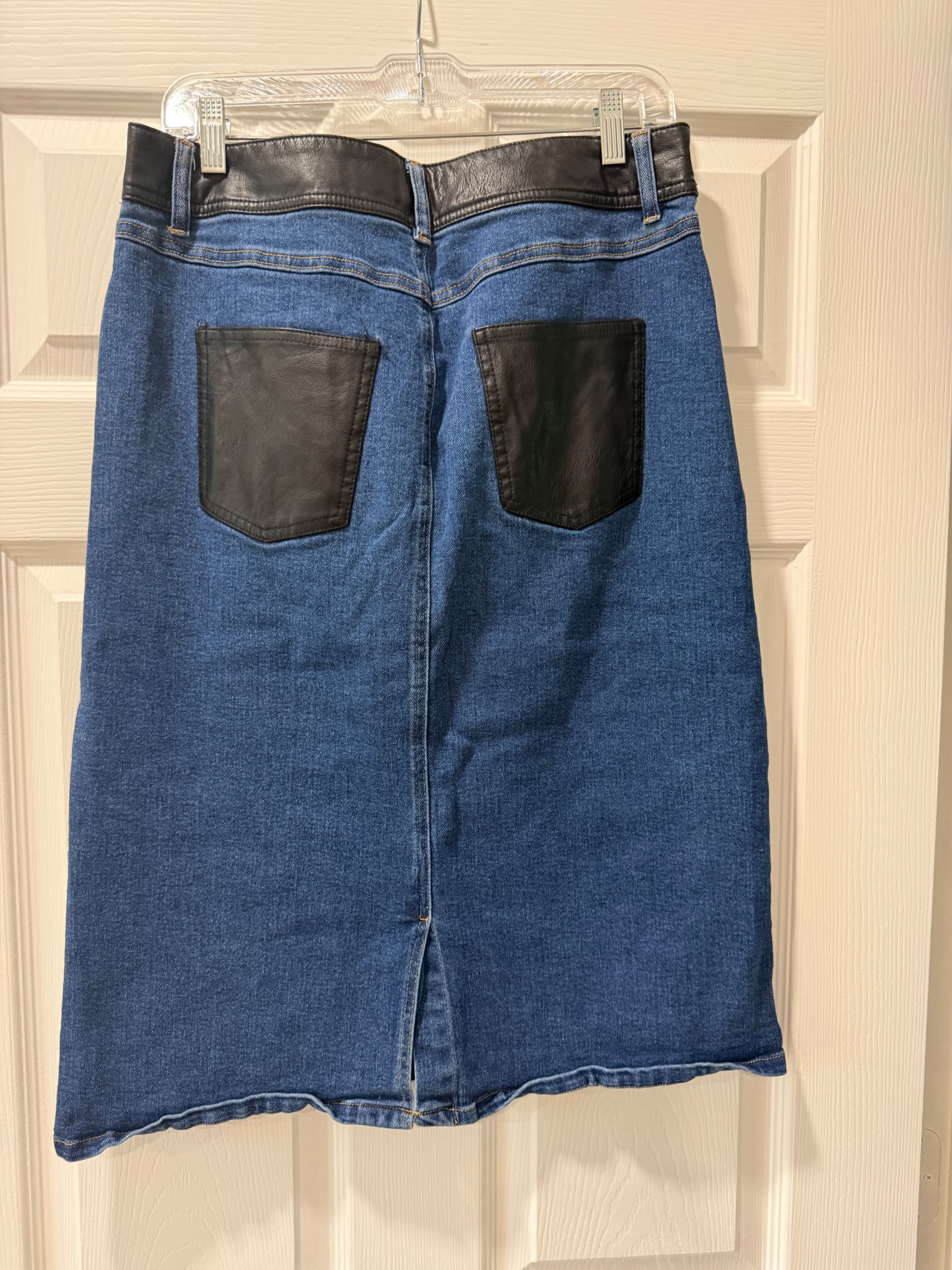 Denim Skirt with Leather Waistband and Snap Buttons - Thumbnail 5