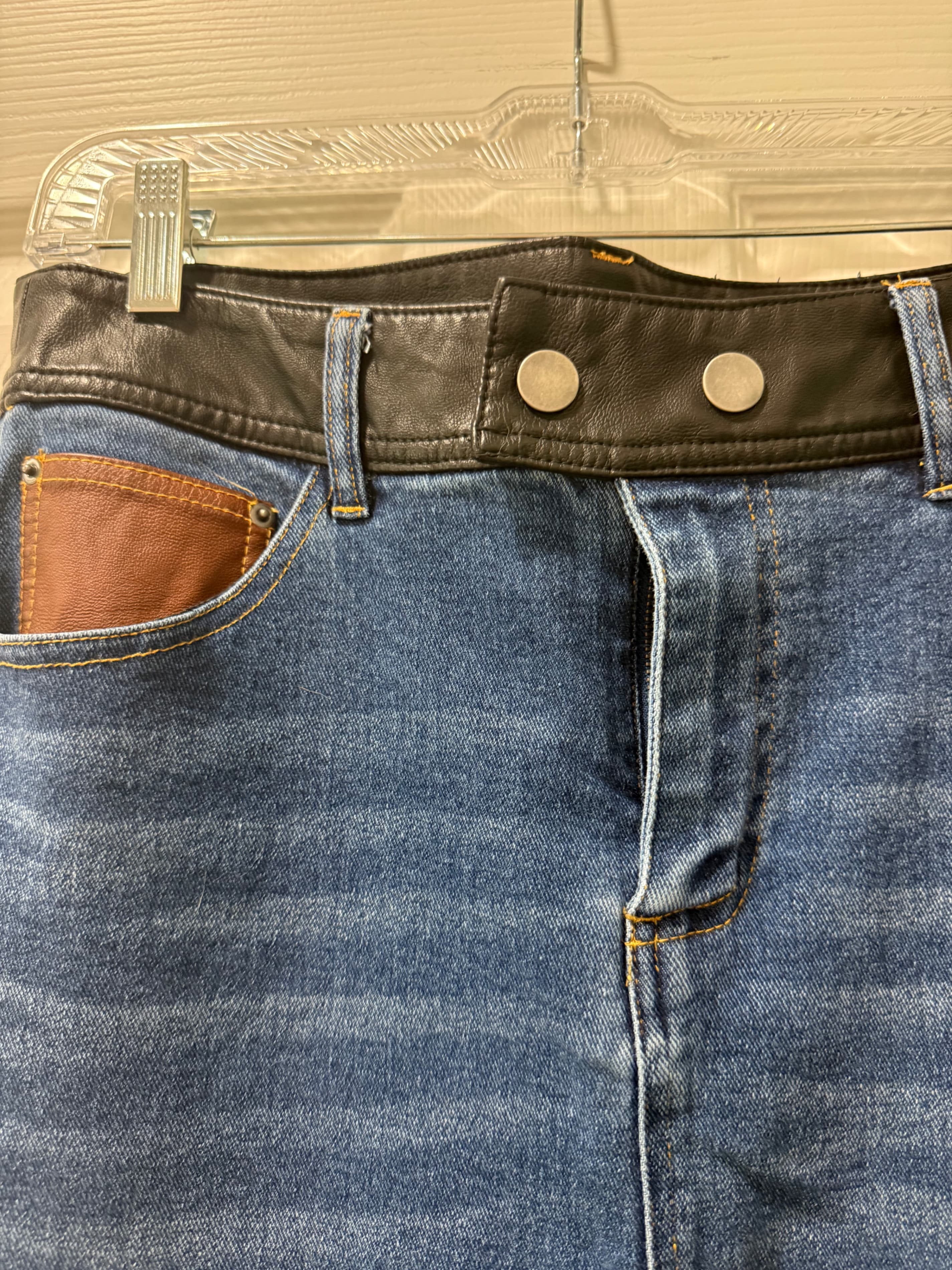 Denim Skirt with Leather Waistband and Snap Buttons - Thumbnail 2