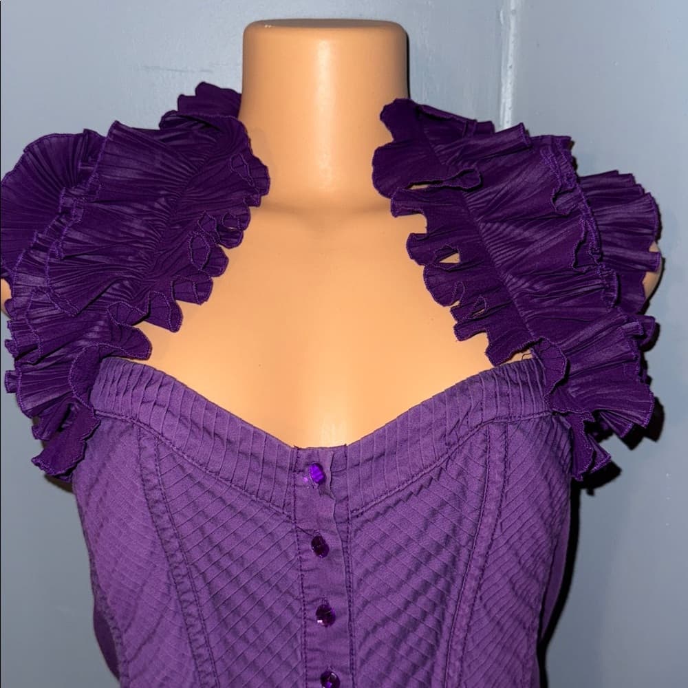 Elegant Purple Ruffled Cap Sleeve Blouse, Size Small - Thumbnail 2