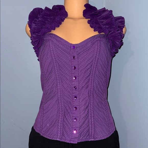 Elegant Purple Ruffled Cap Sleeve Blouse, Size Small - Thumbnail 8