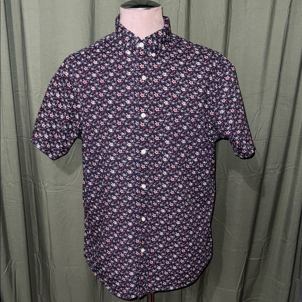 Men's Short Sleeve Floral Shirt - Navy and Pink - Thumbnail 3