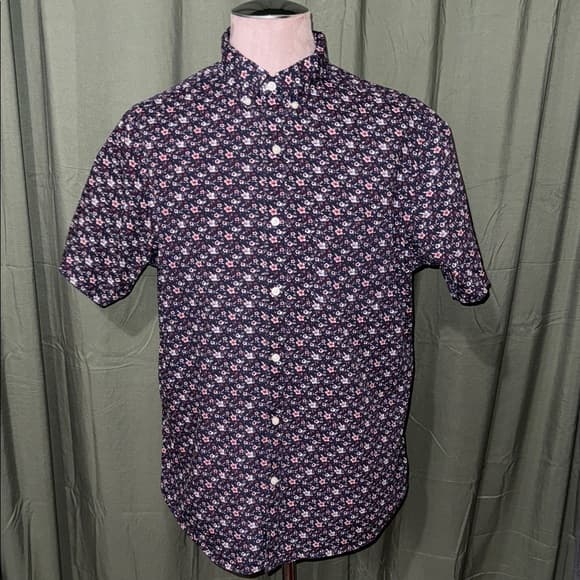 Men's Short Sleeve Floral Shirt - Navy and Pink - Thumbnail 4