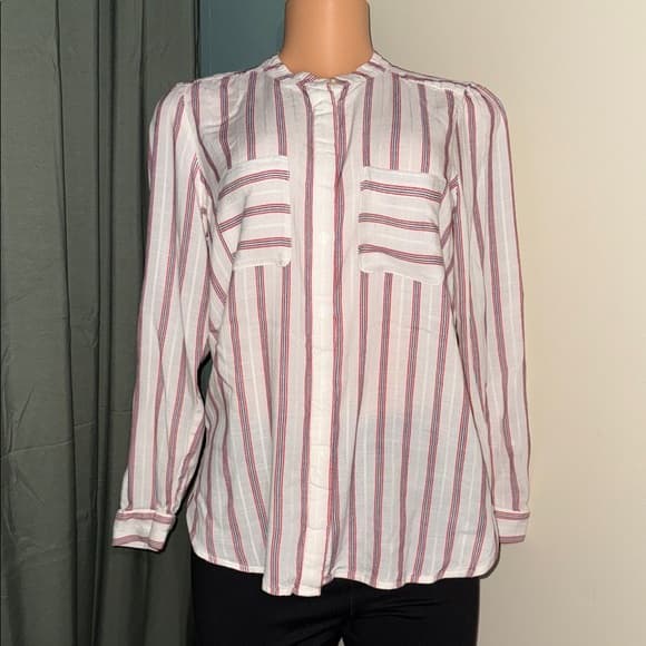 LOFT Red and White Striped Button Down Top - Thumbnail 6