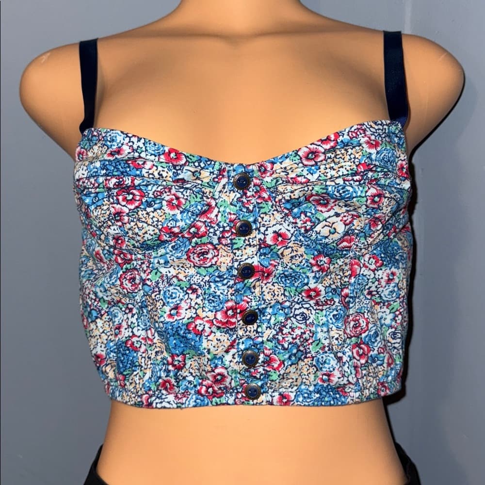 I Love H81 Floral Print Button-Up Crop Top - Size Large - Thumbnail 4