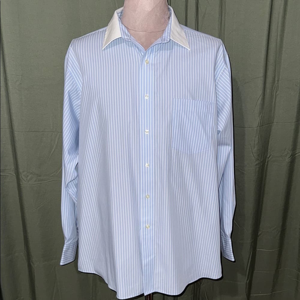 Chaps Light Blue Striped Dress Shirt with White Collar - Thumbnail 3