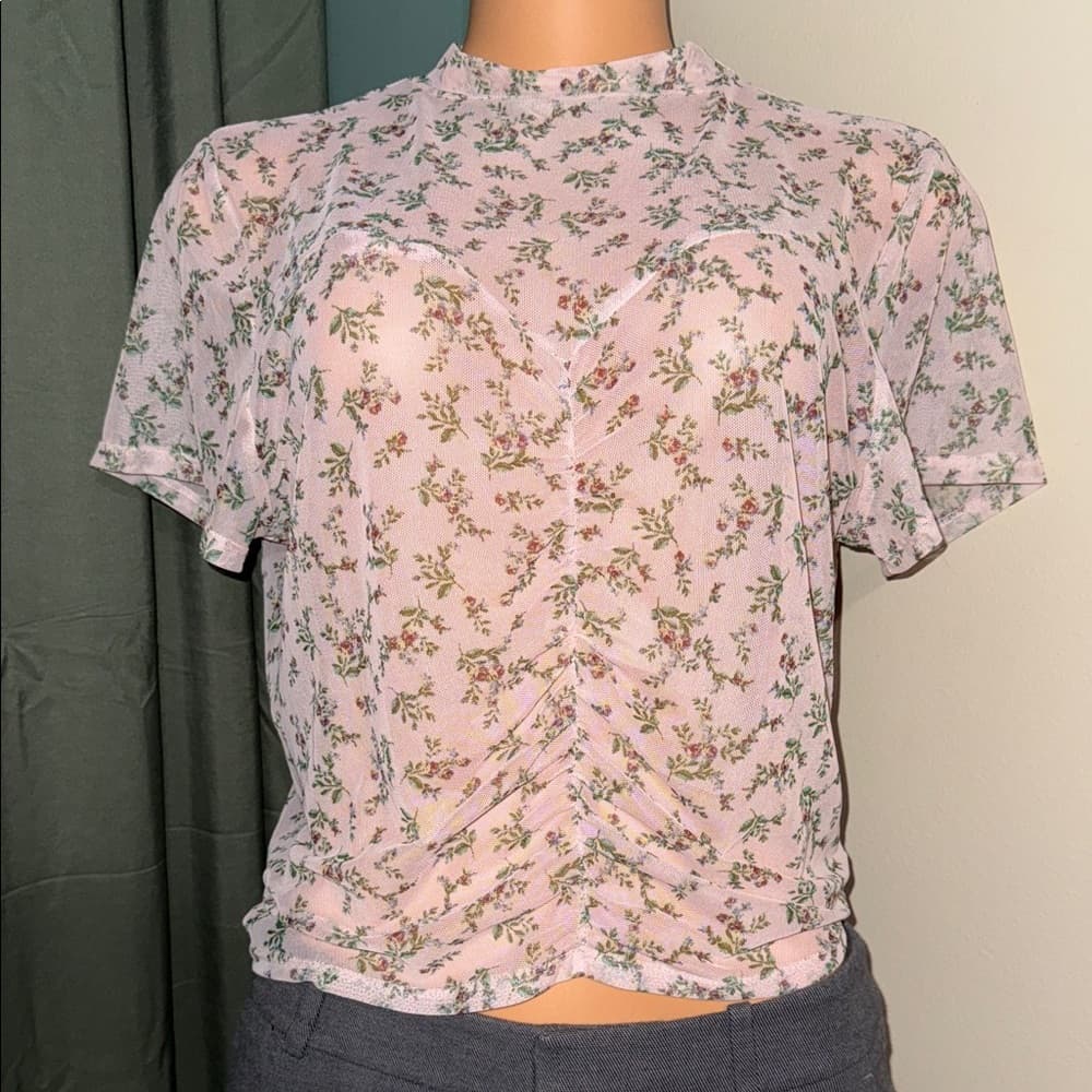 Light Pink Sheer Floral Blush Women's Blouse - Thumbnail 5