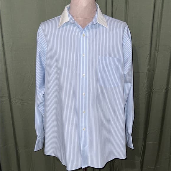 Chaps Light Blue Striped Dress Shirt with White Collar - Thumbnail 4