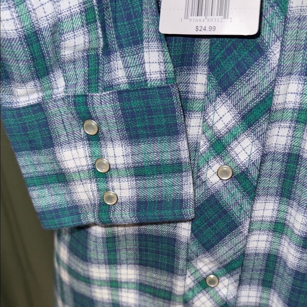 Wrangler Men's Green and Blue Plaid Button Down Shirt - Thumbnail 3