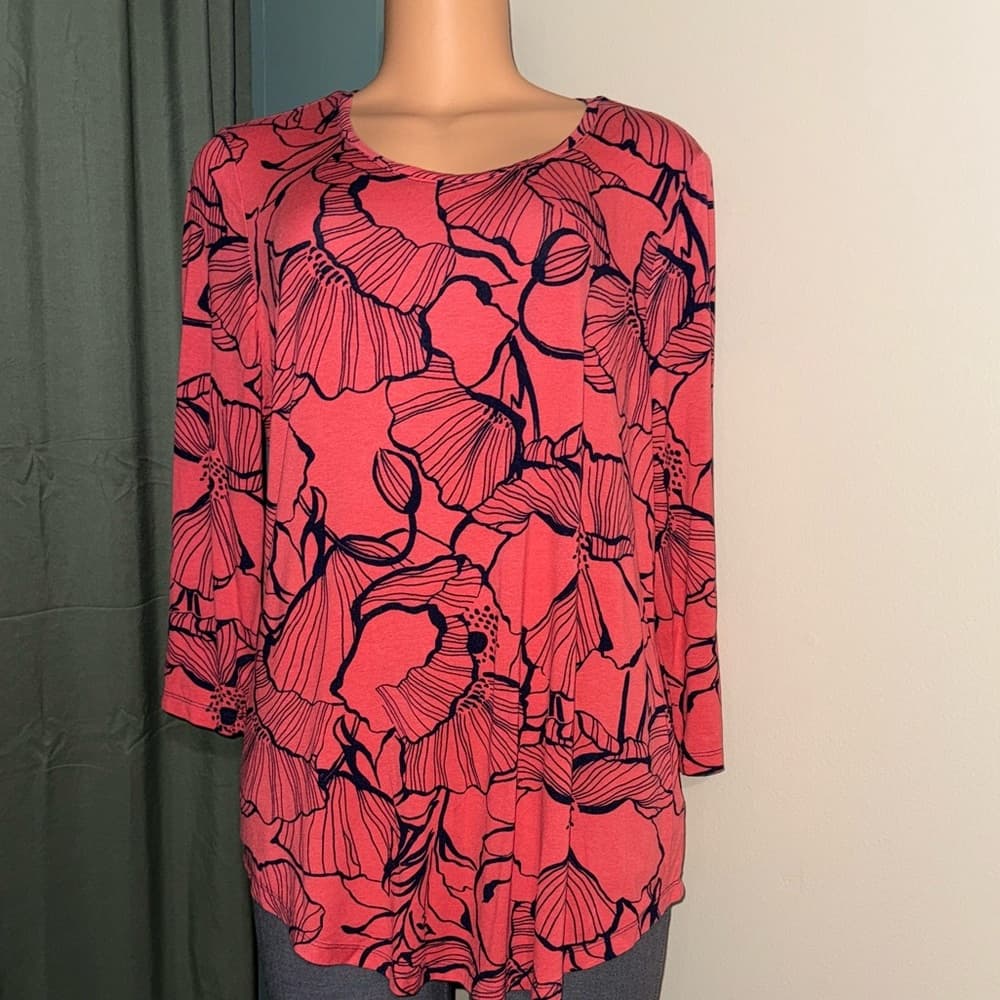 JM Collection Coral and Black Floral Blouse - Thumbnail 3