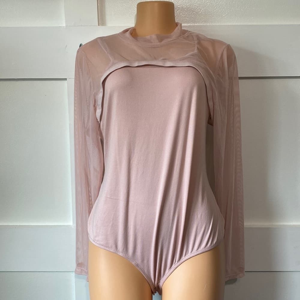 Curvy Girl Pink bodysuit with attached pink sheer long sleeve crop top - Thumbnail 3