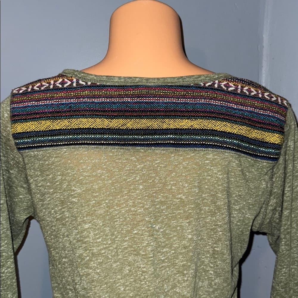 Stylish Moss Green Long Sleeve Top with Mesh and Woven Details, Size Small - Thumbnail 2