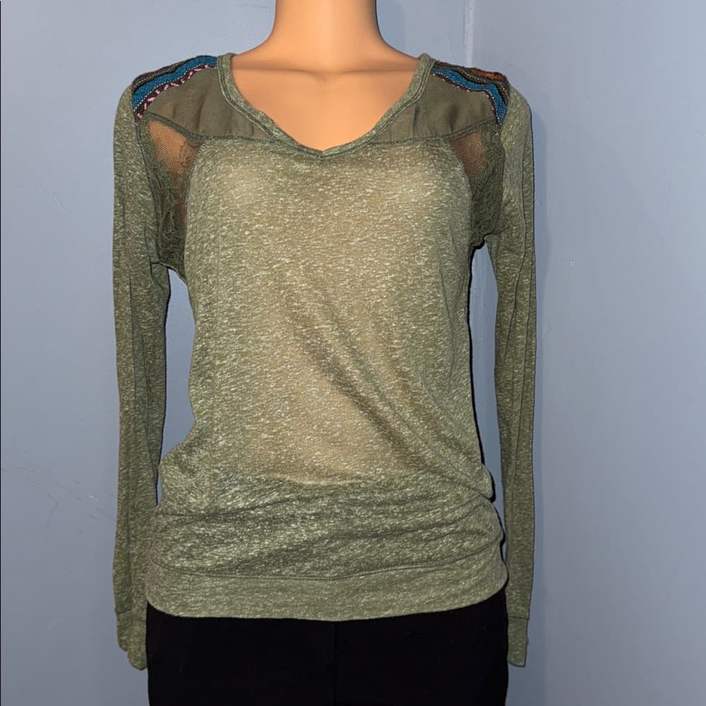 Stylish Moss Green Long Sleeve Top with Mesh and Woven Details, Size Small - Thumbnail 7