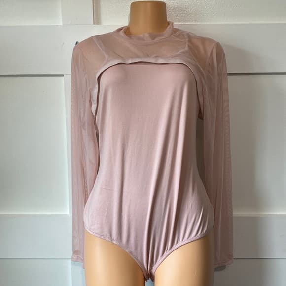 Curvy Girl Pink bodysuit with attached pink sheer long sleeve crop top - Thumbnail 4