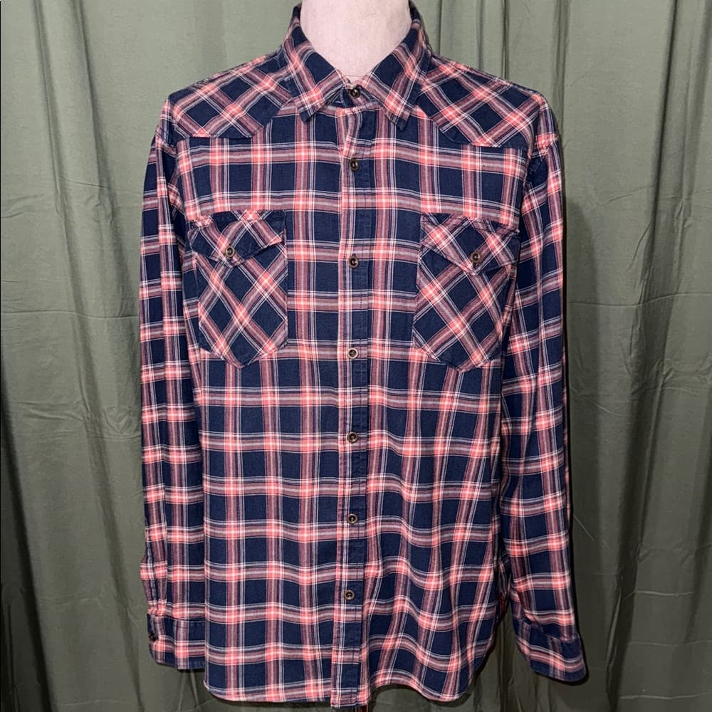 Wrangler Men's Blue and Pink Plaid Button Down Shirt - Thumbnail 3