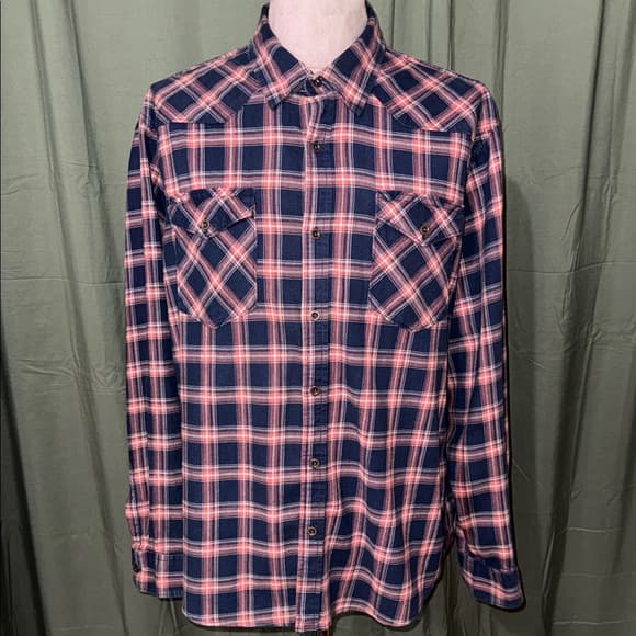 Wrangler Men's Blue and Pink Plaid Button Down Shirt - Thumbnail 4