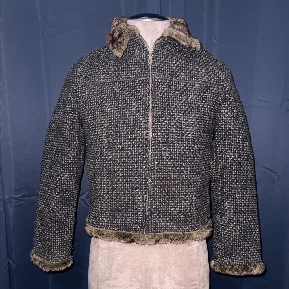 Women's Gray Tweed Jacket with Faux Fur Trim