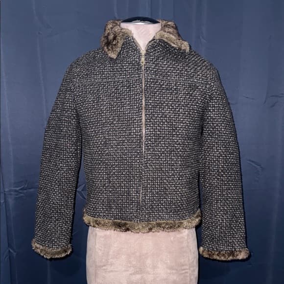 Women's Gray Tweed Jacket with Faux Fur Trim - Thumbnail 12