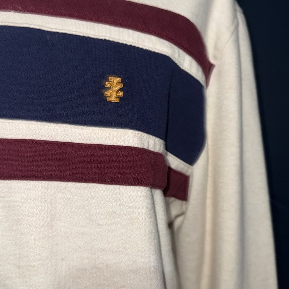 Izod Men's Cream Sweater with Navy and Burgundy Stripes - Thumbnail 3