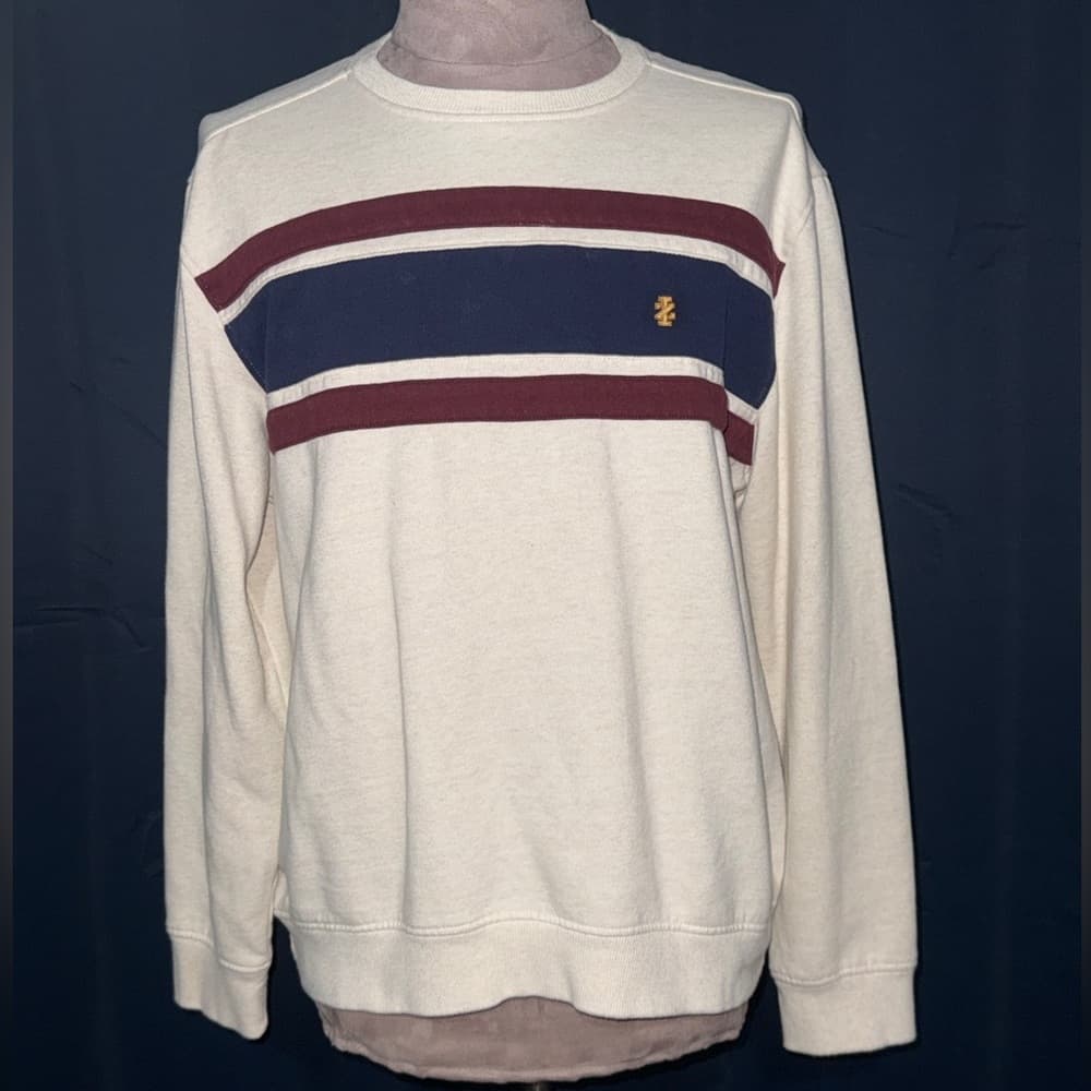 Izod Men's Cream Sweater with Navy and Burgundy Stripes - Thumbnail 6