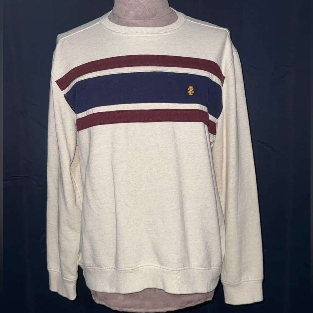 Izod Men's Cream Sweater with Navy and Burgundy Stripes