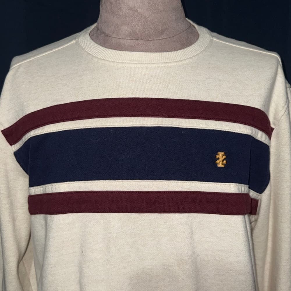 Izod Men's Cream Sweater with Navy and Burgundy Stripes - Thumbnail 4
