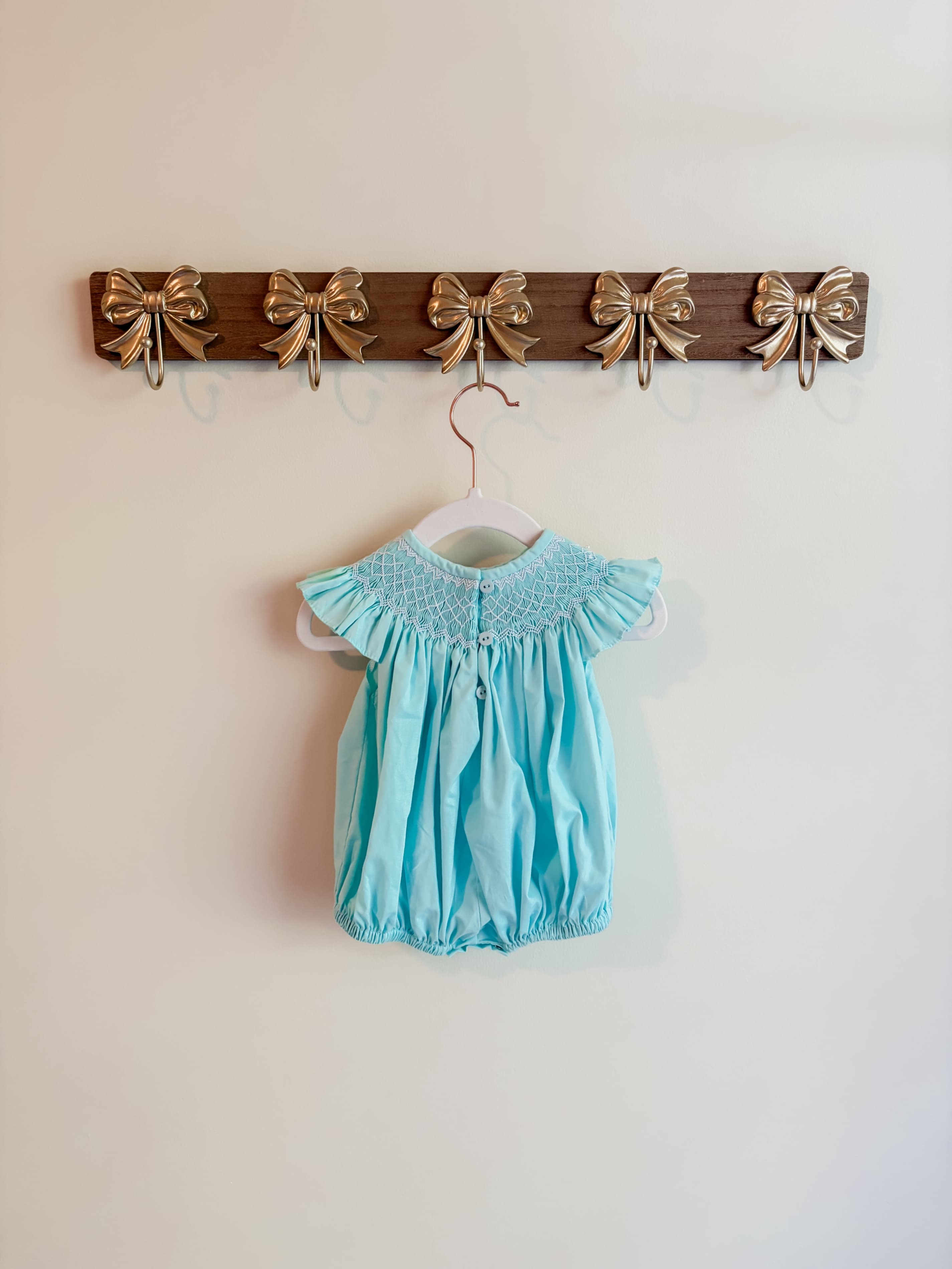 NOLA Smocked size 3 months girls teal Smocked Baby Romper with Ruffle Sleeves - Thumbnail 2