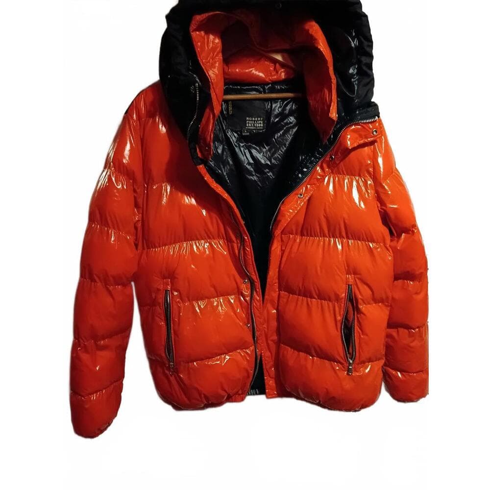 Robert Phillipe Men's Large Orange and Black Puffer Jacket - Thumbnail 4