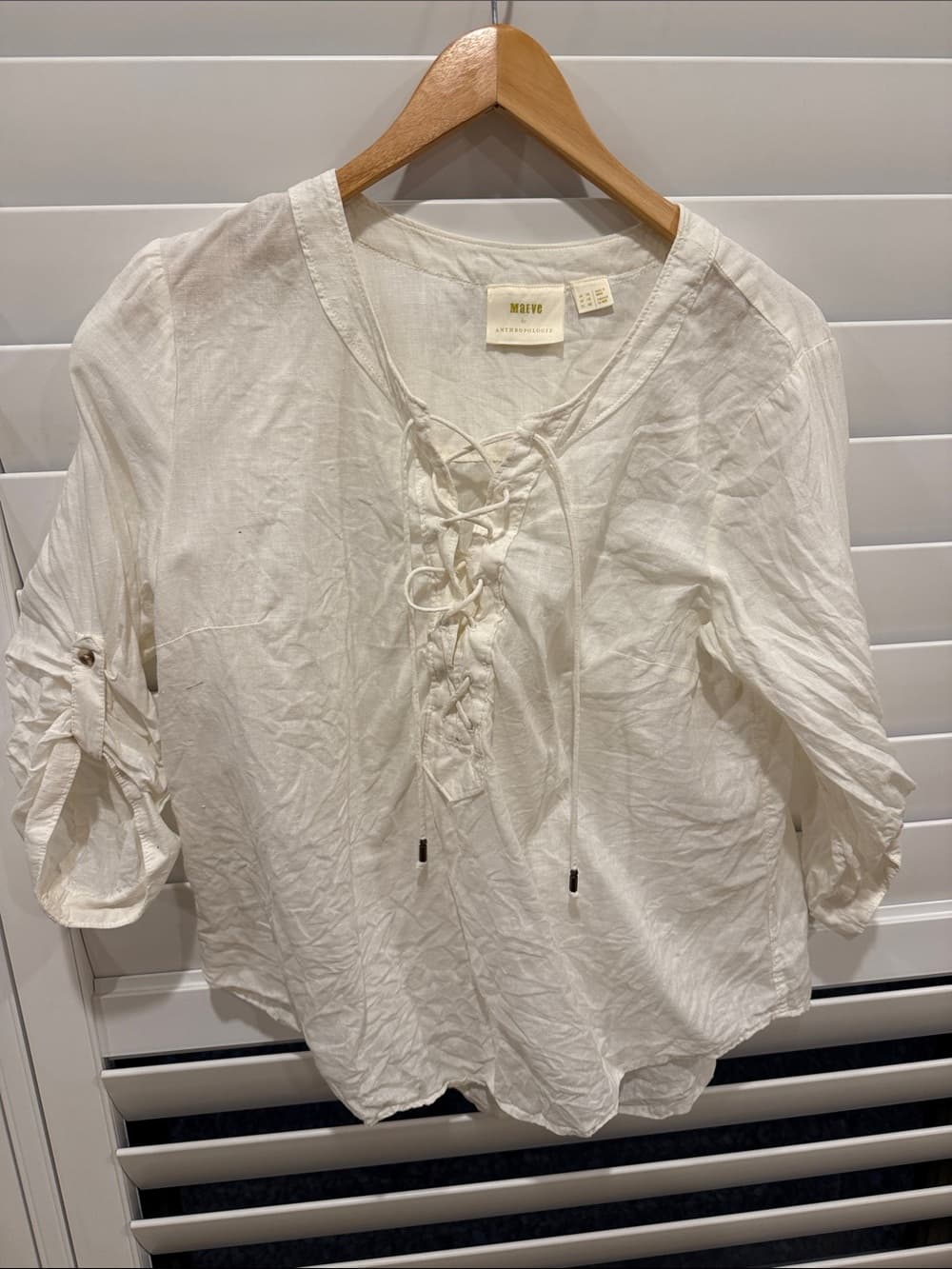 Anthropologie Off-White Lace-Up Peasant Top size 10 - Thumbnail 3