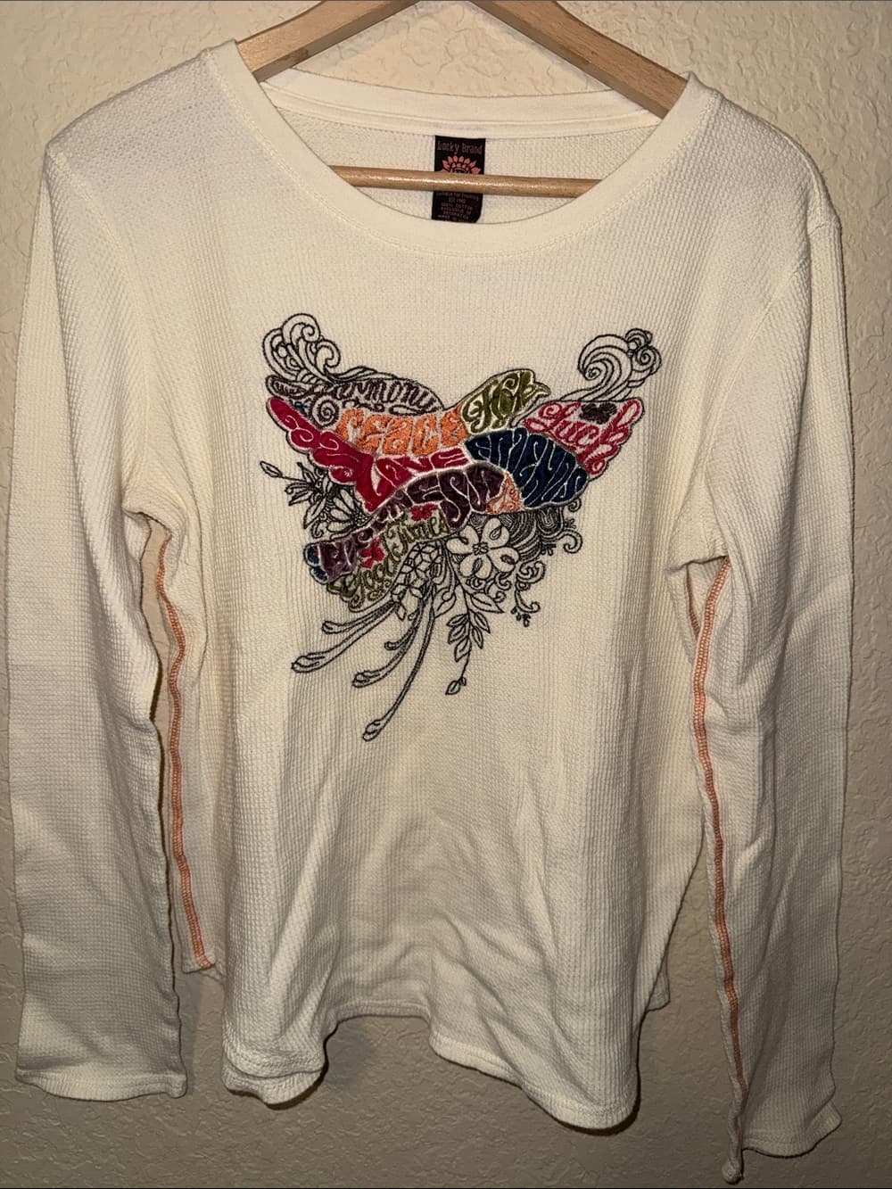 Lucky Brand Cream Long Sleeve Top with Multicolor Embroidered Butterfly xl - Thumbnail 4