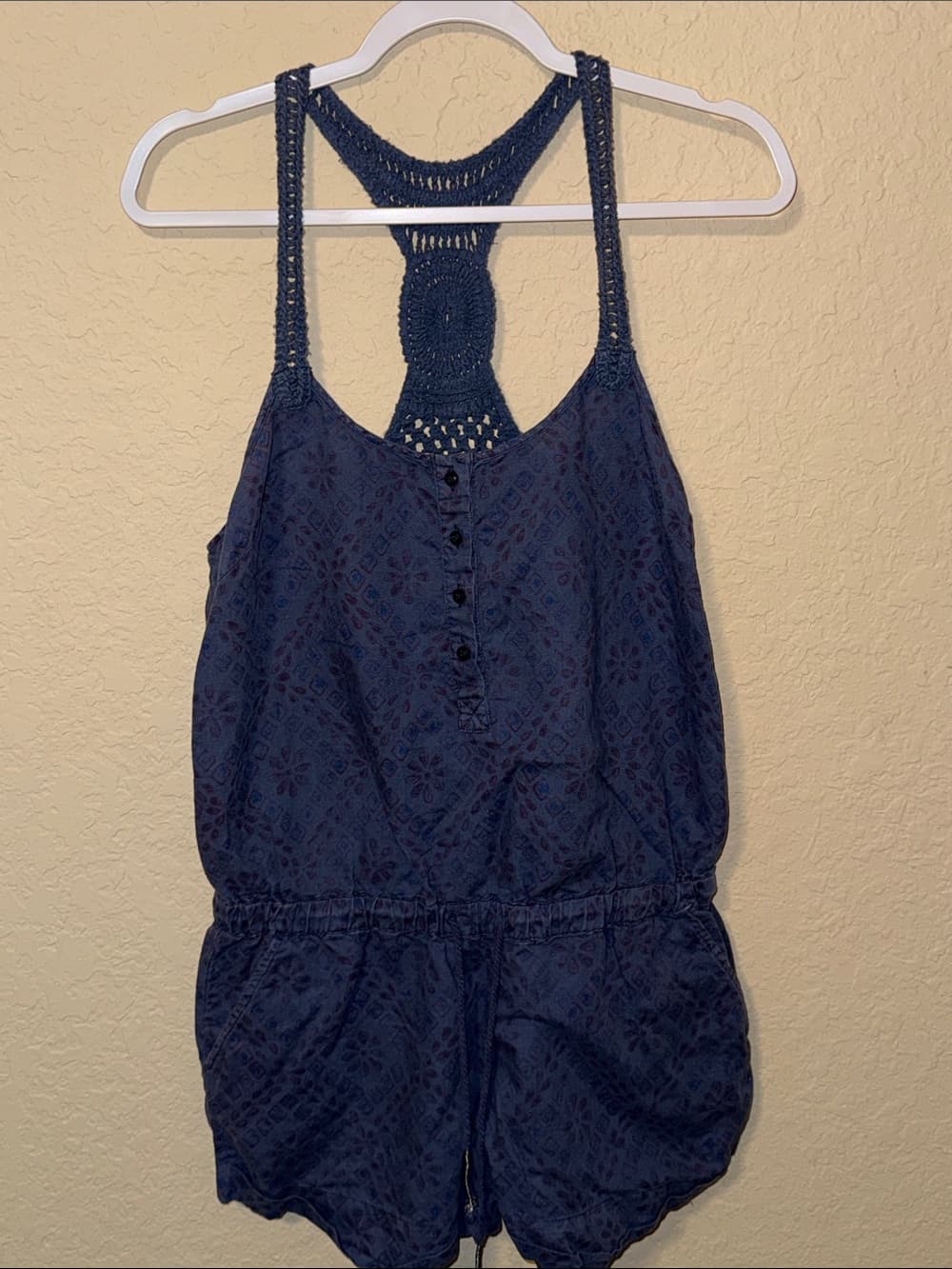 Free People Navy Crochet-Back Romper - Thumbnail 3