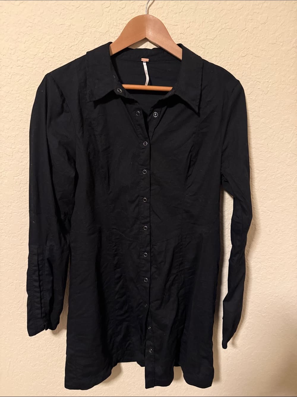 Free People Black Button-Front Long Sleeve Shirt Dress - Thumbnail 3
