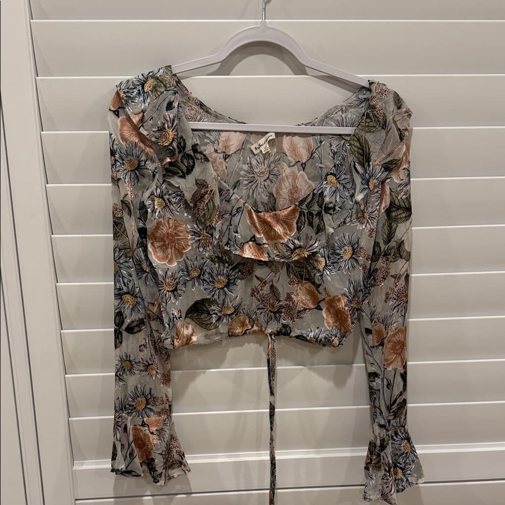 For Love And Lemons Floral Ruffle Blouse - Gray and Brown - Thumbnail 4