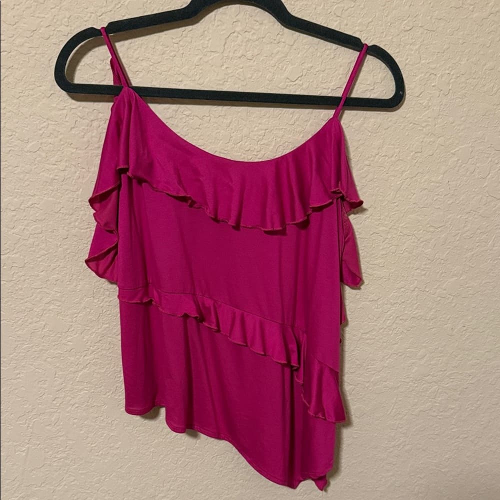 Anthropologie Ruffled One-Shoulder Women’s Top in Magenta size small - Thumbnail 3