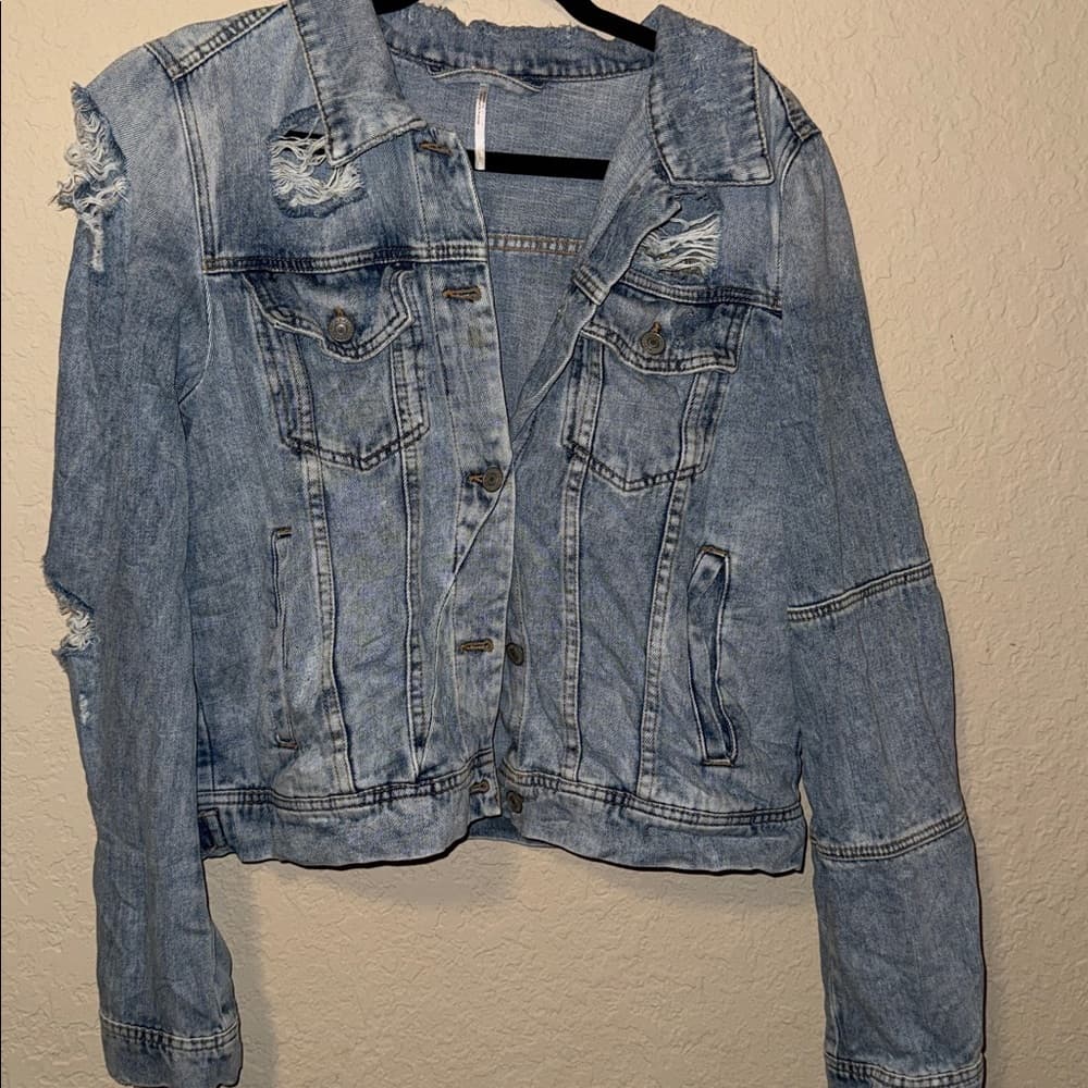 Free People Light Blue Distressed Denim Jacket - Thumbnail 2