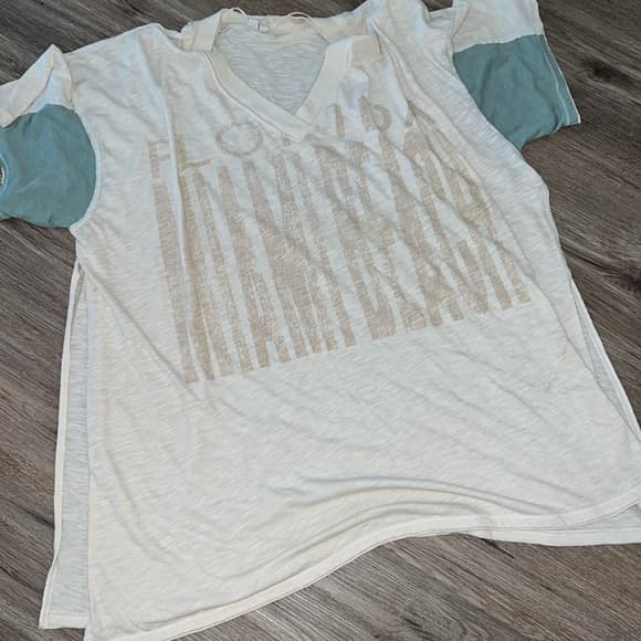 Free People Cream V-Neck Tee with Blue Sleeves we the free - Thumbnail 5