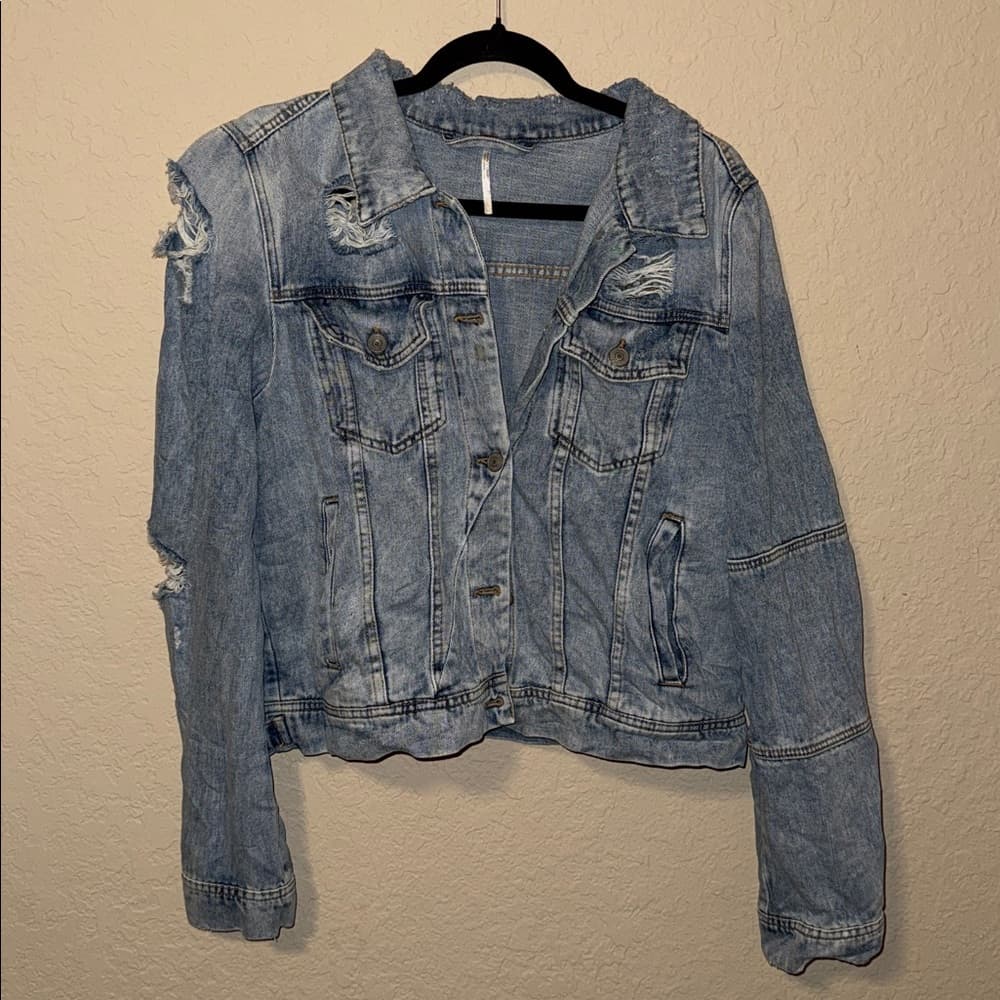 Free People Light Blue Distressed Denim Jacket - Thumbnail 10