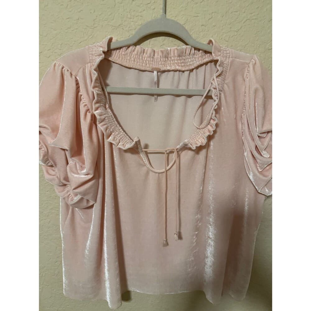 Free People Blush Pink Velvet Ruffle Tie-Neck Blouse - Thumbnail 4