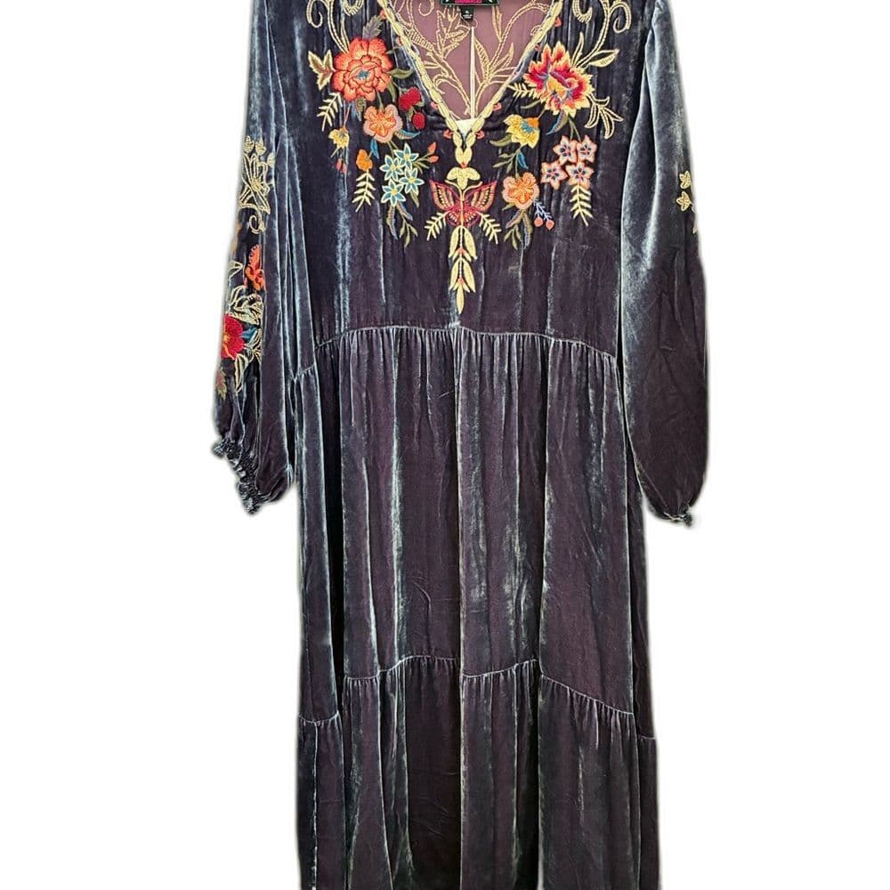 Johnny Was Embroidered Velvet Midi Dress - Blue - Thumbnail 2