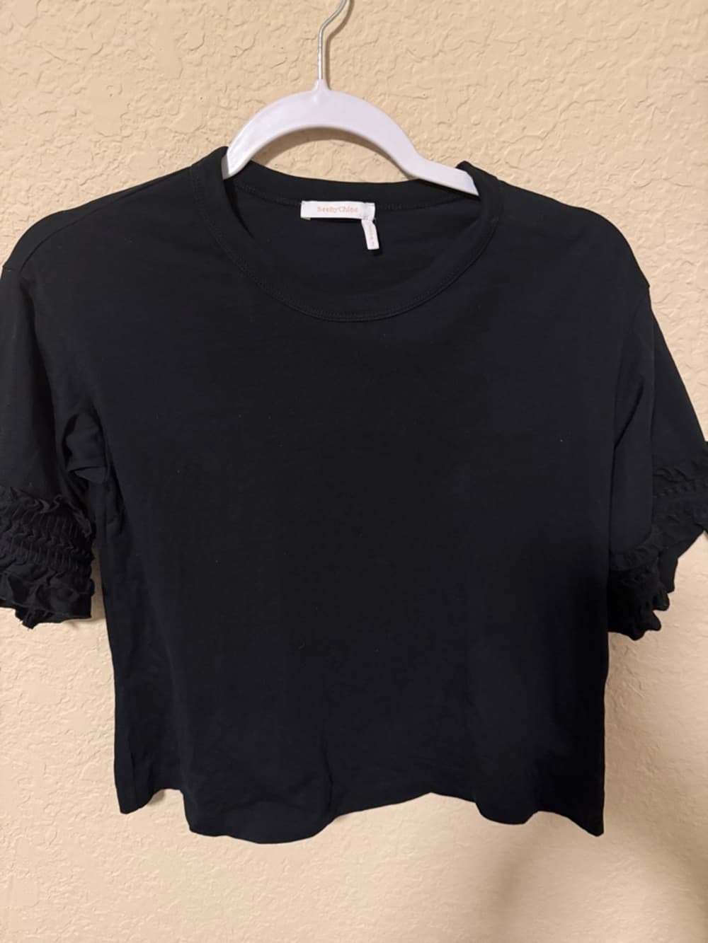 See By Chloe Black Short Sleeve Top with Smocked Ruffle Sleeves - Thumbnail 4