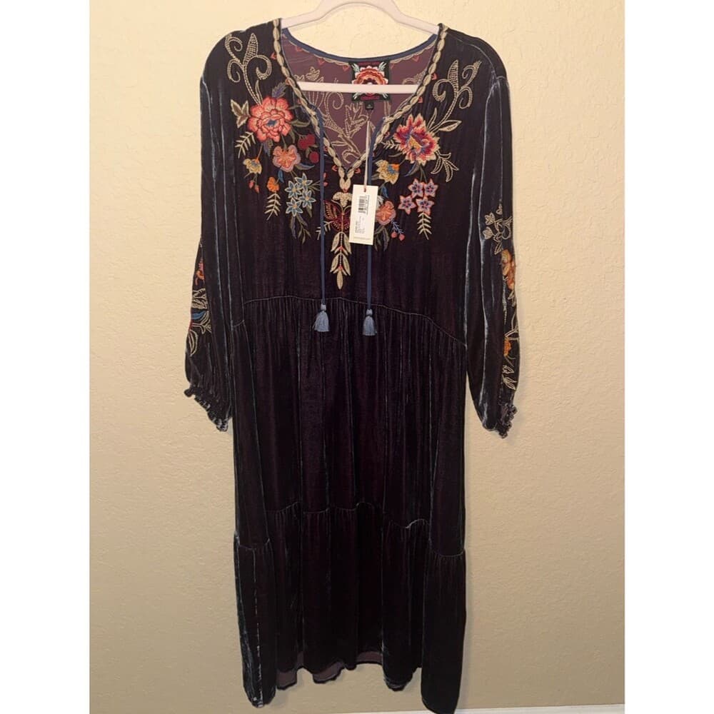 Johnny Was Embroidered Velvet Midi Dress - Blue