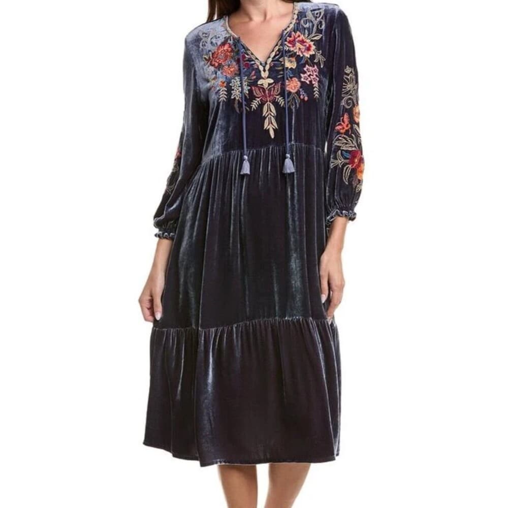 Johnny Was Embroidered Velvet Midi Dress - Blue - Thumbnail 10