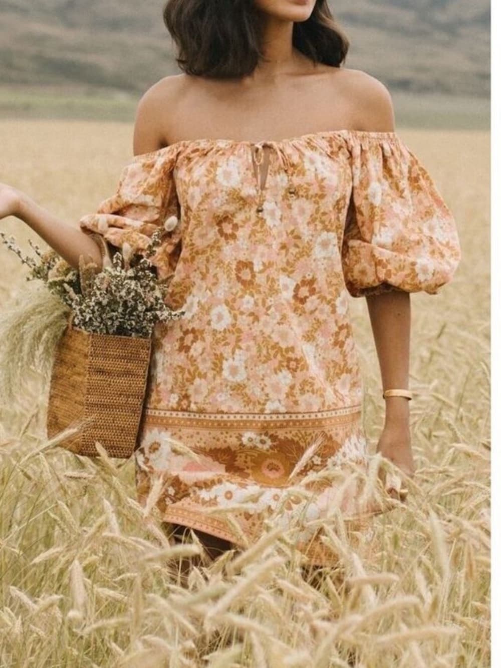 Spell Floral Tie-Front Mustard Yellow & Pink Anne off shoulder tunic dress s - Thumbnail 6